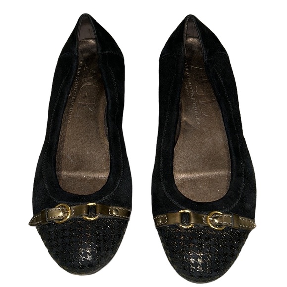 AGL Monika Black Suede Leather Metallic Gold Houndstooth Cap Toe Flats - 8.5 - Picture 15 of 15